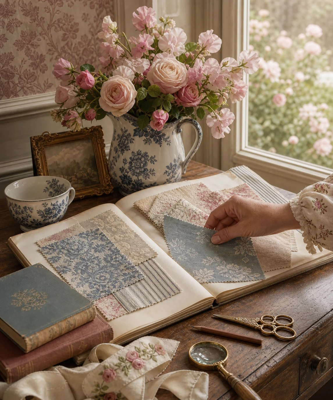 Romantic European curator's table with floral textile swatches, antique books, brass tools, blue-and-white faience, and garden roses