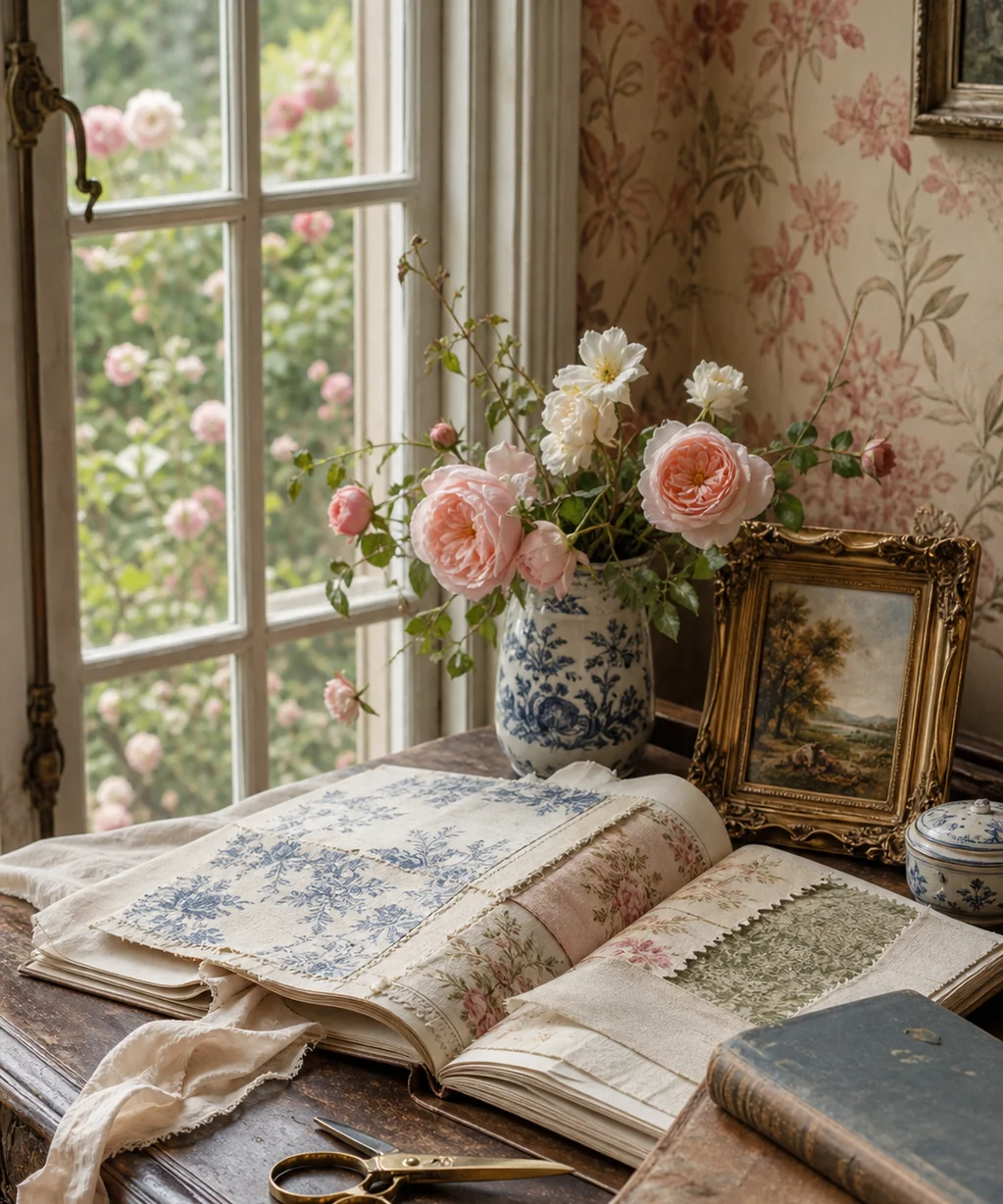 Romantic European curator's desk with floral textiles, blue-and-white faience, garden roses, antique books, and brass tools