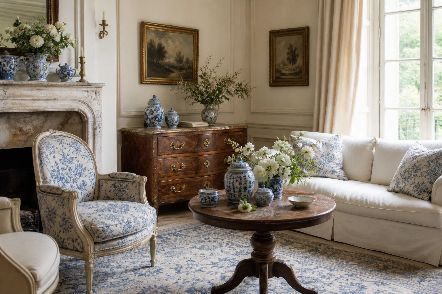 Light-filled traditional European drawing room with a blue floral armchair, porcelain ginger jars, warm wood chest, ivory linen sofa, and faded blue rug