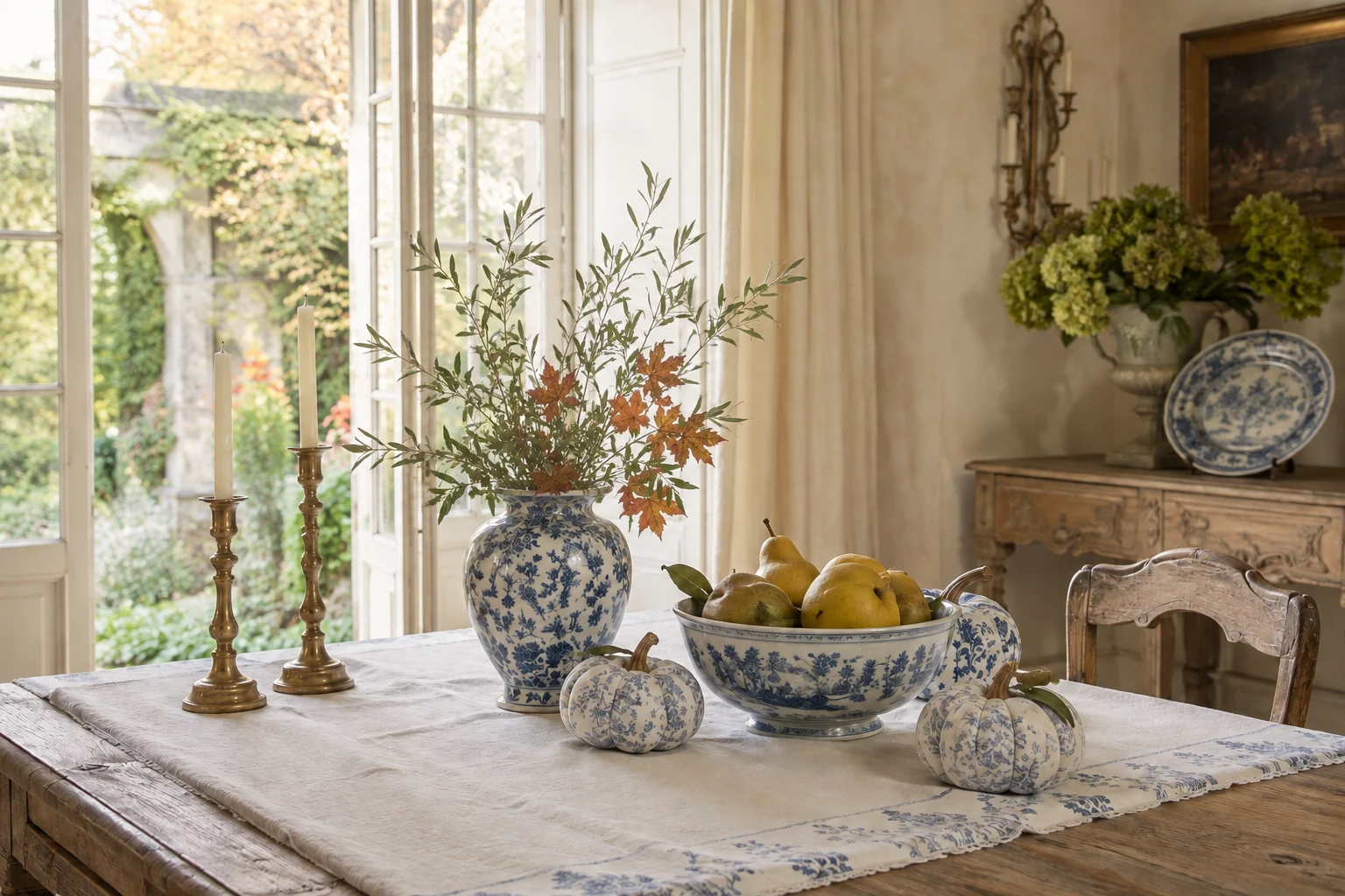 Collected French country autumn table with a blue-and-white porcelain fruit bowl, chinoiserie vase, patterned pumpkins, and antique brass candlesticks