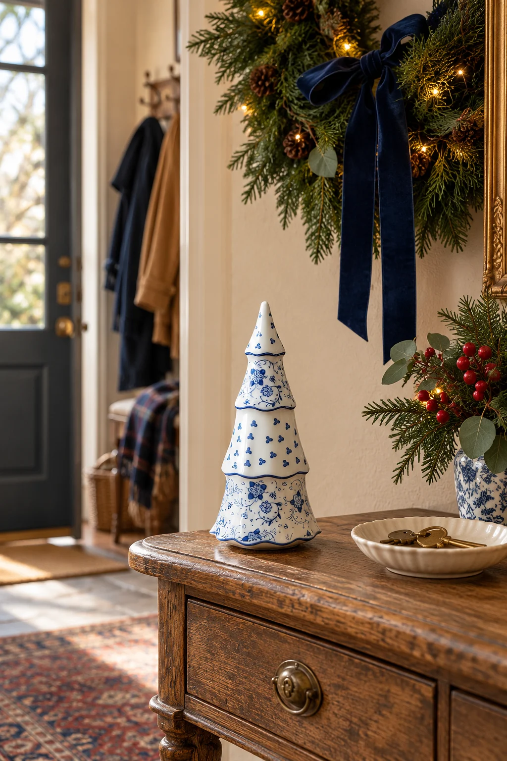Small tiered blue-and-white ceramic Christmas tree on an antique oak hall console beneath an evergreen wreath with navy ribbon