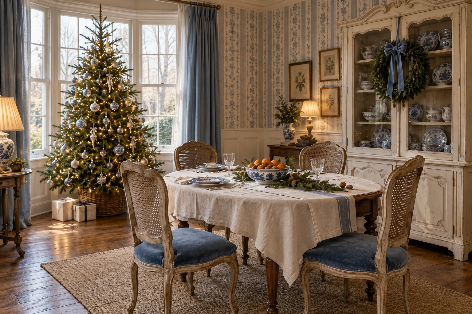 Romantic French country Christmas dining room with blue floral wallpaper, cane-backed chairs, an antique china cabinet, and a lighted tree in a bay window