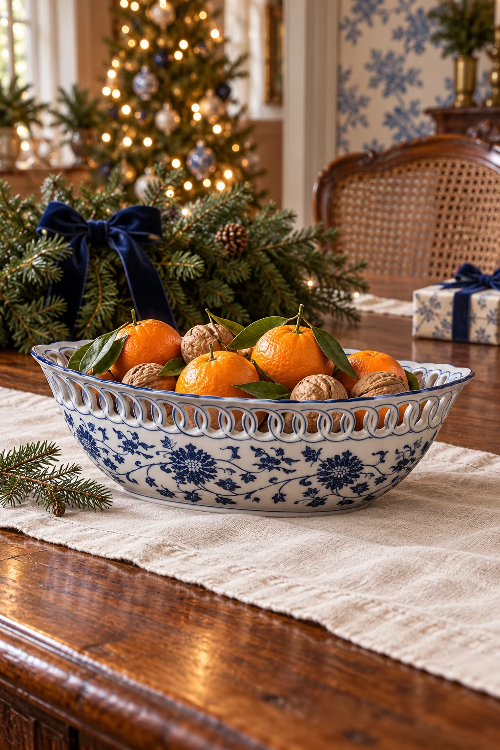 Oval blue-and-white pierced porcelain fruit bowl filled with clementines and walnuts on an ivory runner in a European dining room decorated for Christmas