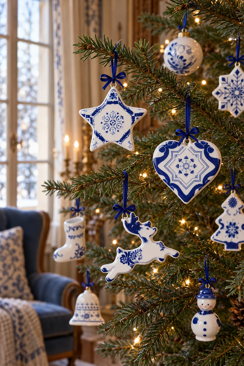 Blue-and-white porcelain star, heart, and deer Christmas ornaments hanging from fir branches beside a French country window