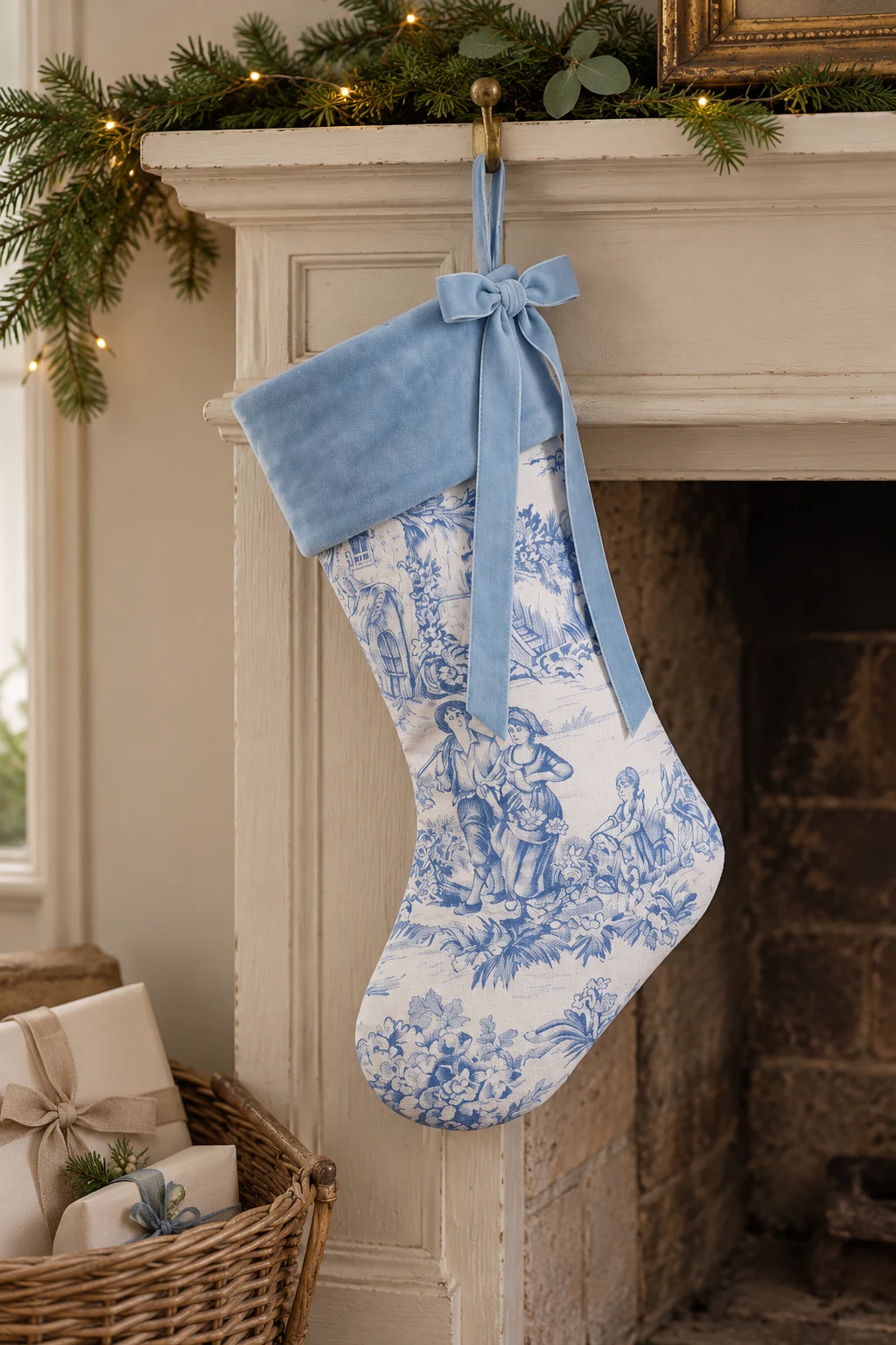 Blue-and-ivory pastoral toile Christmas stocking with a pale blue velvet cuff and bow hanging from a brass hook on a cream mantel with evergreen garland