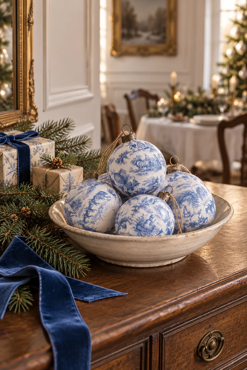Blue-and-white toile Christmas baubles in a shallow cream bowl on a walnut sideboard with evergreen and velvet ribbon