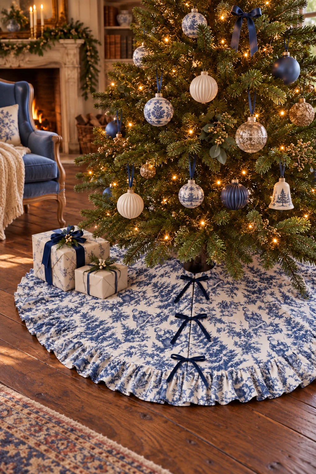 Ruffled blue-and-white toile Christmas tree skirt with navy ties around a lighted tree on warm oak floorboards