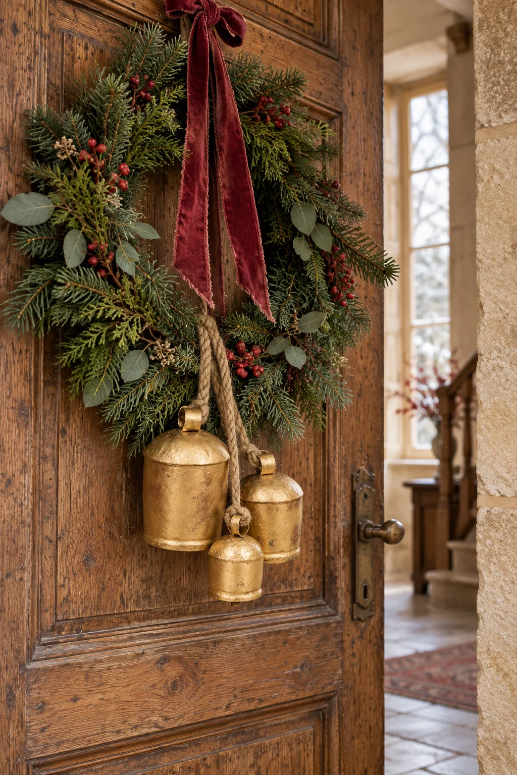 Antiqued-gold bells on jute cords hanging from an evergreen wreath on a traditional French country oak door
