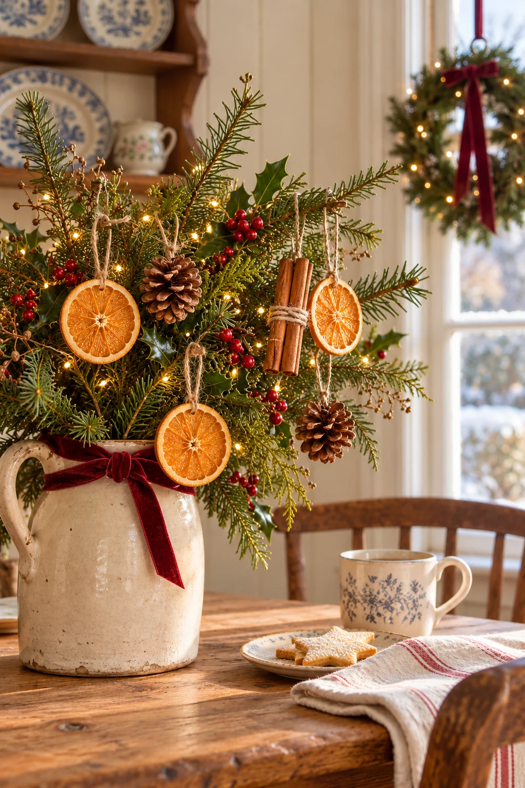 Dried orange, cinnamon, and pinecone Christmas ornaments on softly lit evergreen branches with holly and burgundy ribbon in an English country kitchen