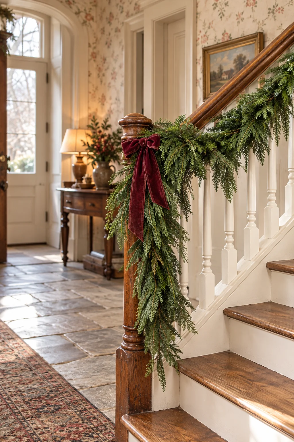 Norfolk pine and cedar Christmas garland draped along an oak staircase in a traditional European entrance hall