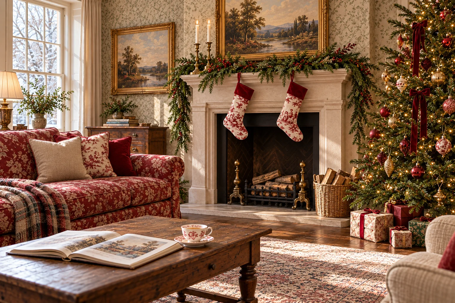Romantic European Christmas sitting room with a red floral sofa, evergreen limestone mantel, toile stockings, and a tree dressed in red and gold ornaments