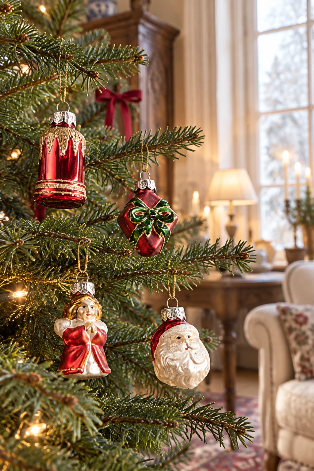 Vintage-inspired glass Christmas ornaments hanging from fir branches beside a window in a European sitting room