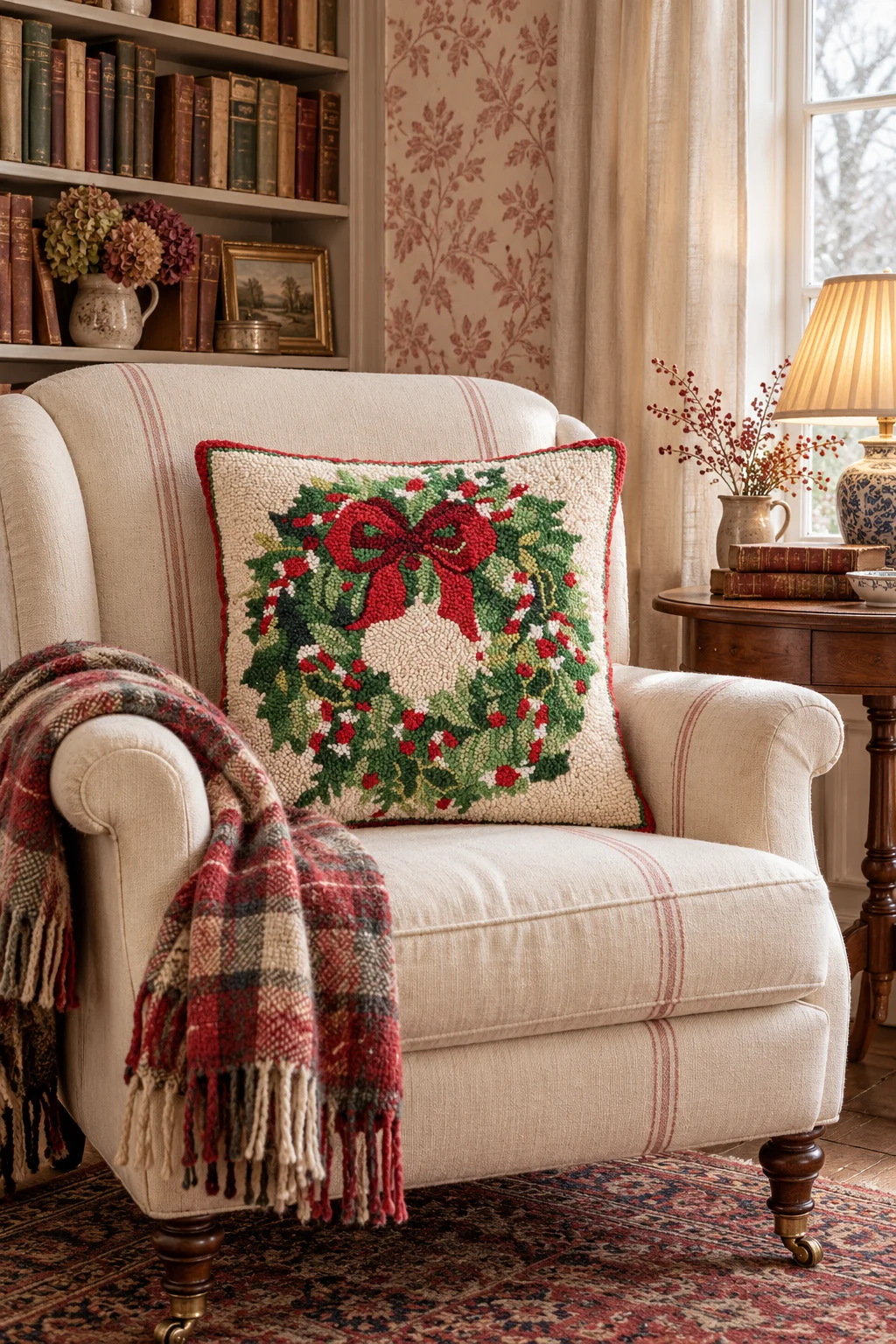 Cream hooked wreath pillow with a red bow on an upholstered reading chair in an English cottage interior