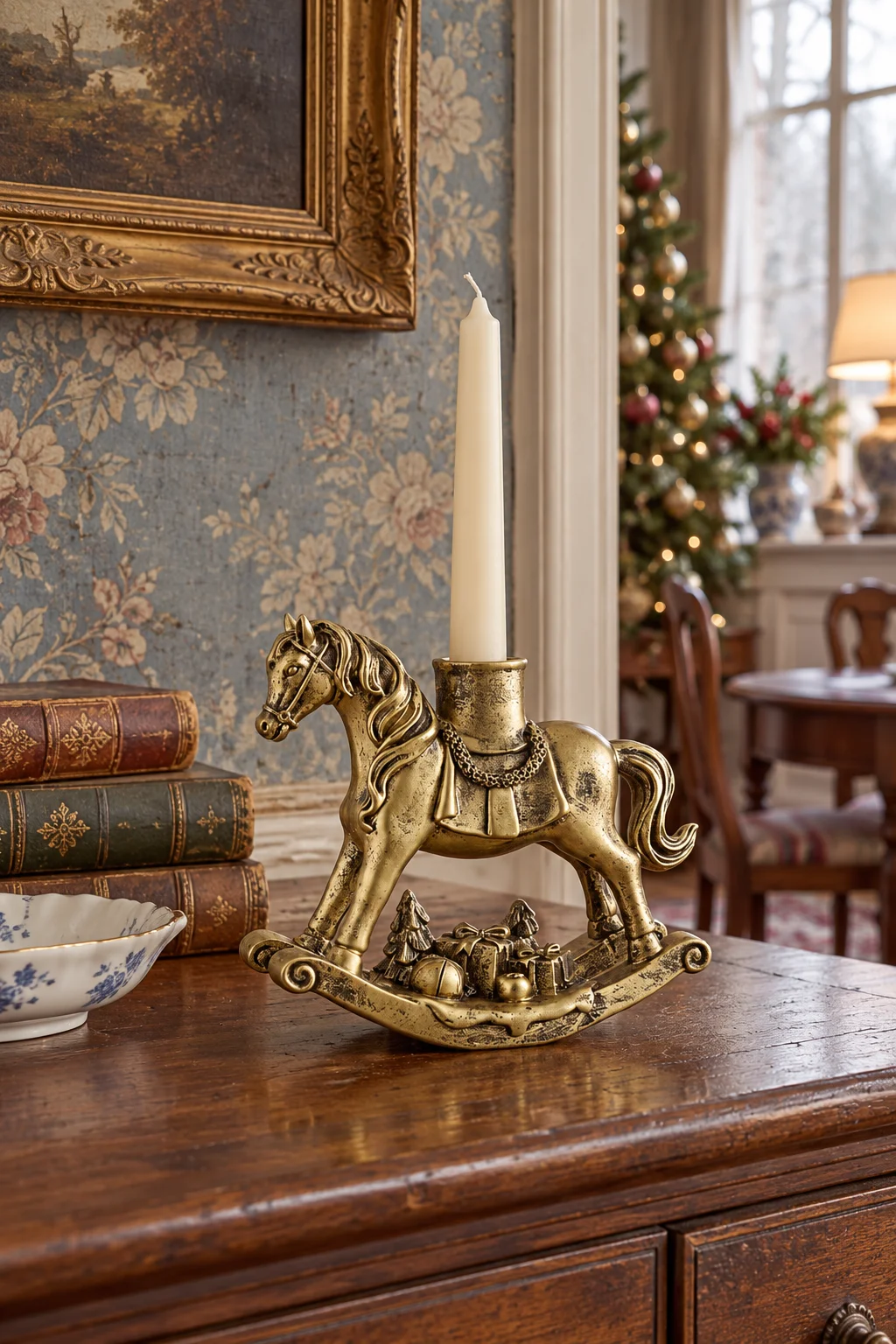 Gold rocking-horse candleholder with an ivory taper on a walnut sideboard in a romantic European dining room
