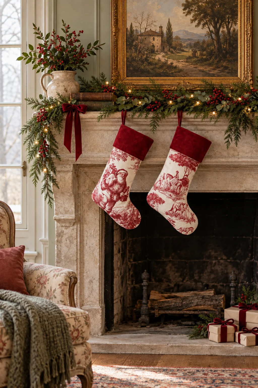Red and ivory toile Christmas stockings on a limestone mantel with softly lit evergreen garland, burgundy ribbon, and wrapped parcels in a French country room