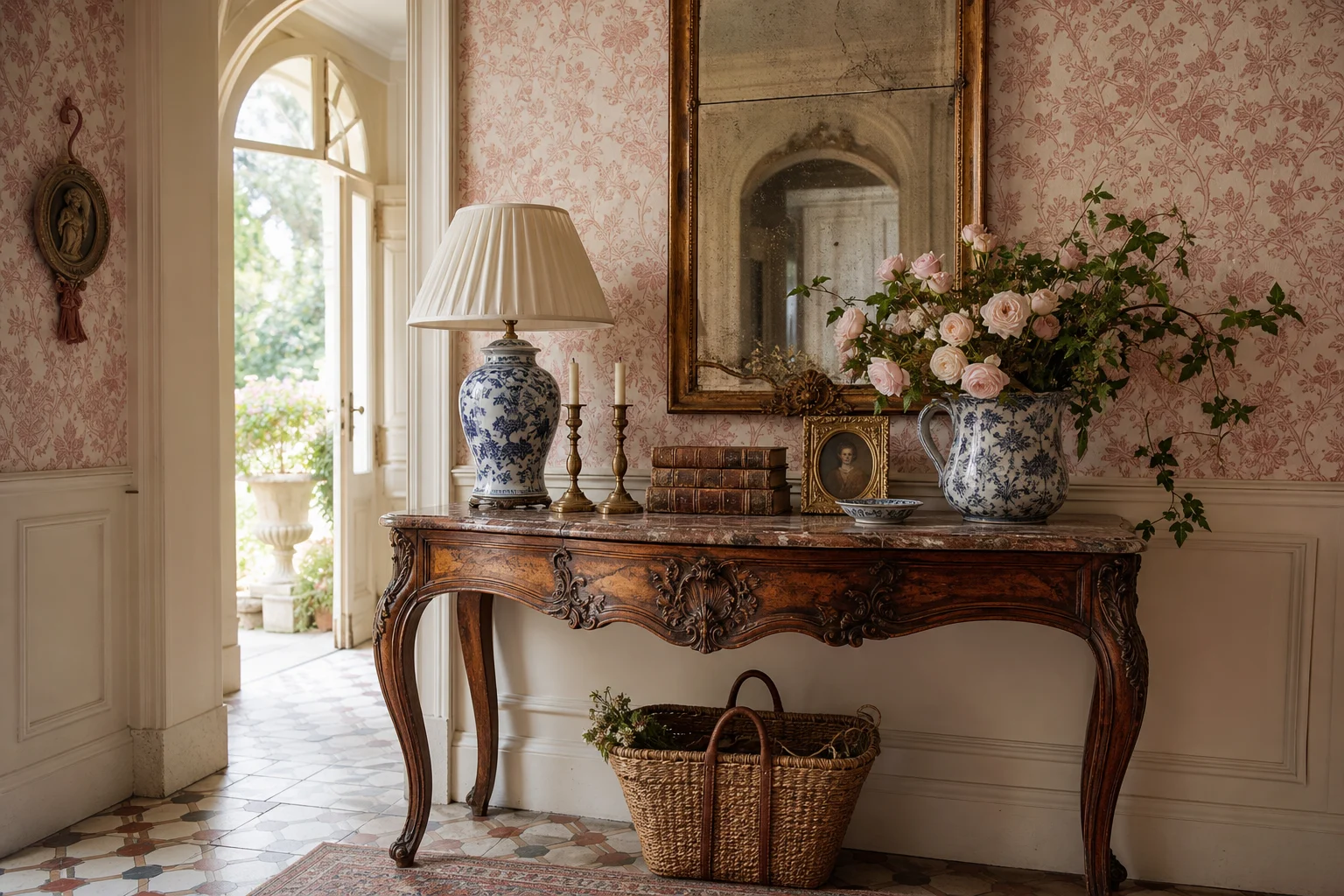 Antique French console styled with a trumeau mirror, floral wallpaper, blue-and-white ceramics, brass candlesticks, old books, and roses