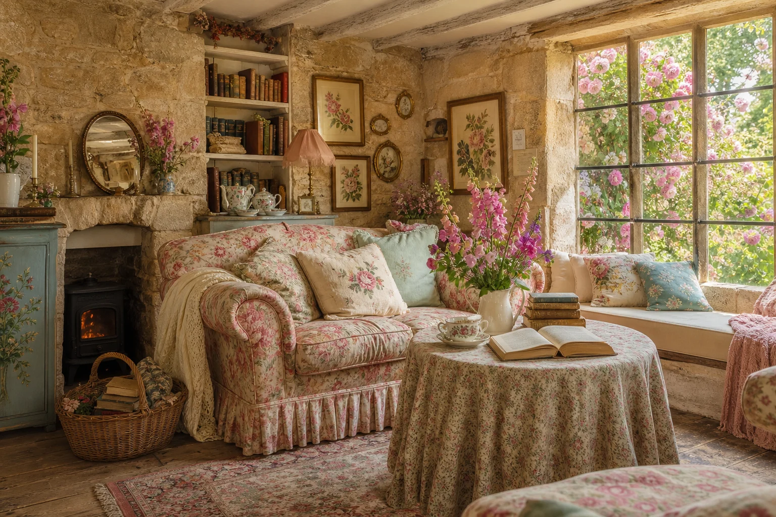 Whimsical English cottage sitting room with a rose chintz sofa, skirted floral table, old books, wildflowers, and climbing roses