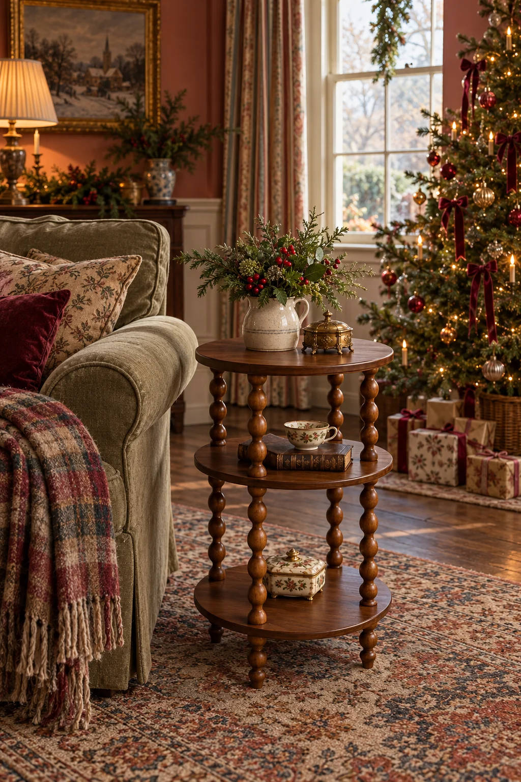 Round walnut three-tier bobbin-leg end table beside an olive sofa, styled with evergreen, a teacup, and a small box near a Christmas tree with burgundy ribbons