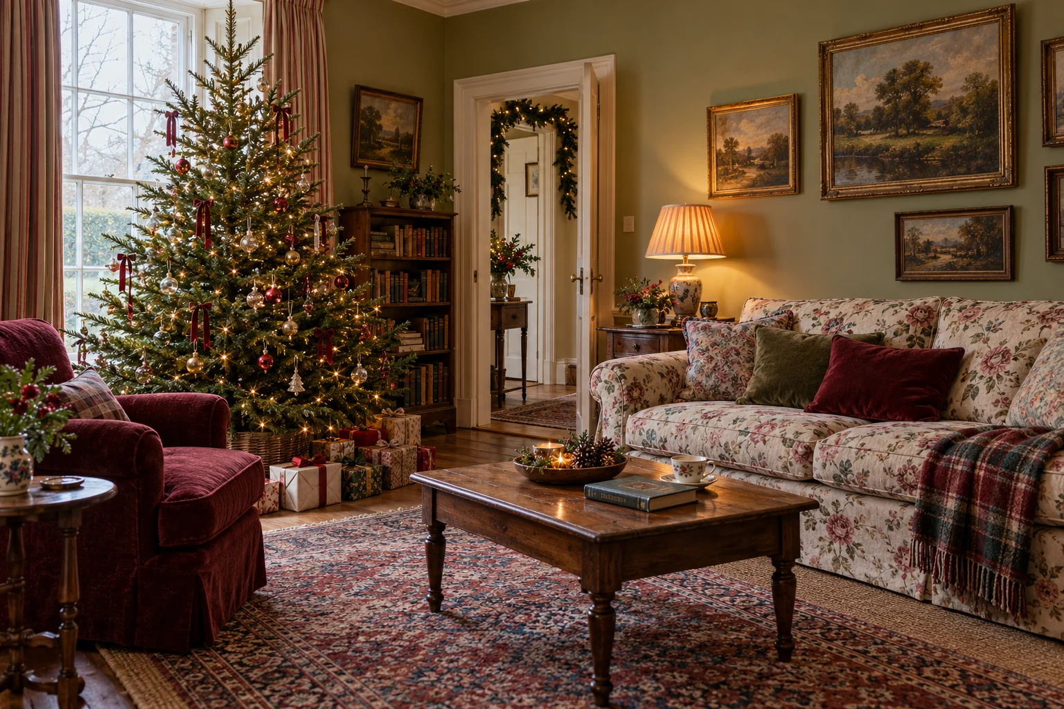 English country Christmas sitting room with floral upholstery, warm olive walls, burgundy accents, and a decorated fir tree beside a sash window