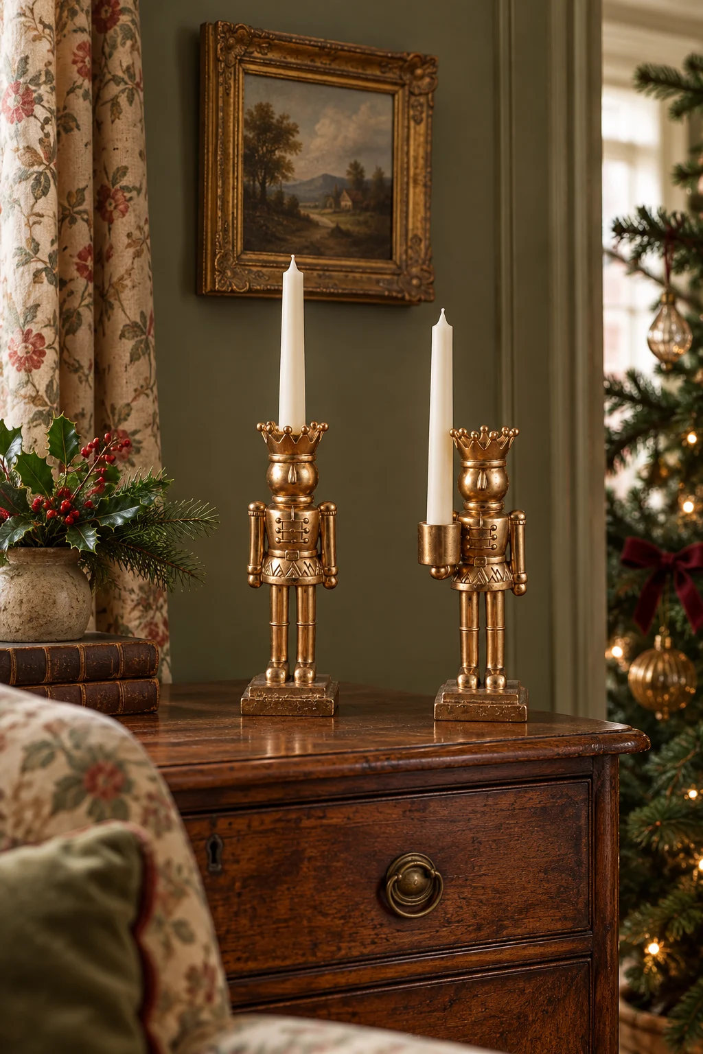 Pair of gold king nutcracker candleholders with unlit ivory tapers on an old walnut chest beside an olive wall and a Christmas tree
