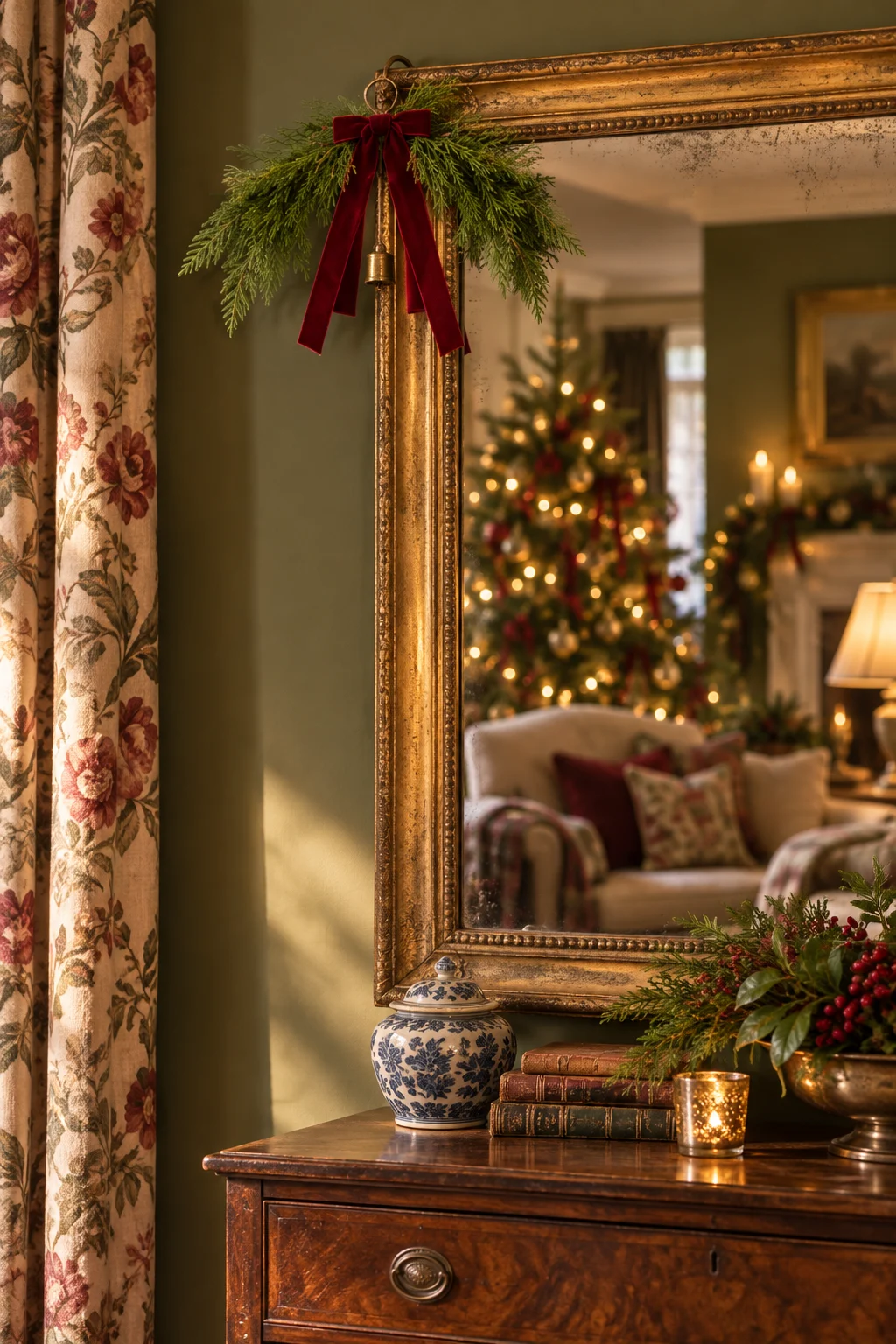 Small Norfolk pine Christmas swag with a burgundy velvet bow and hanging bell at the corner of a gilt mirror in an olive-painted English country room