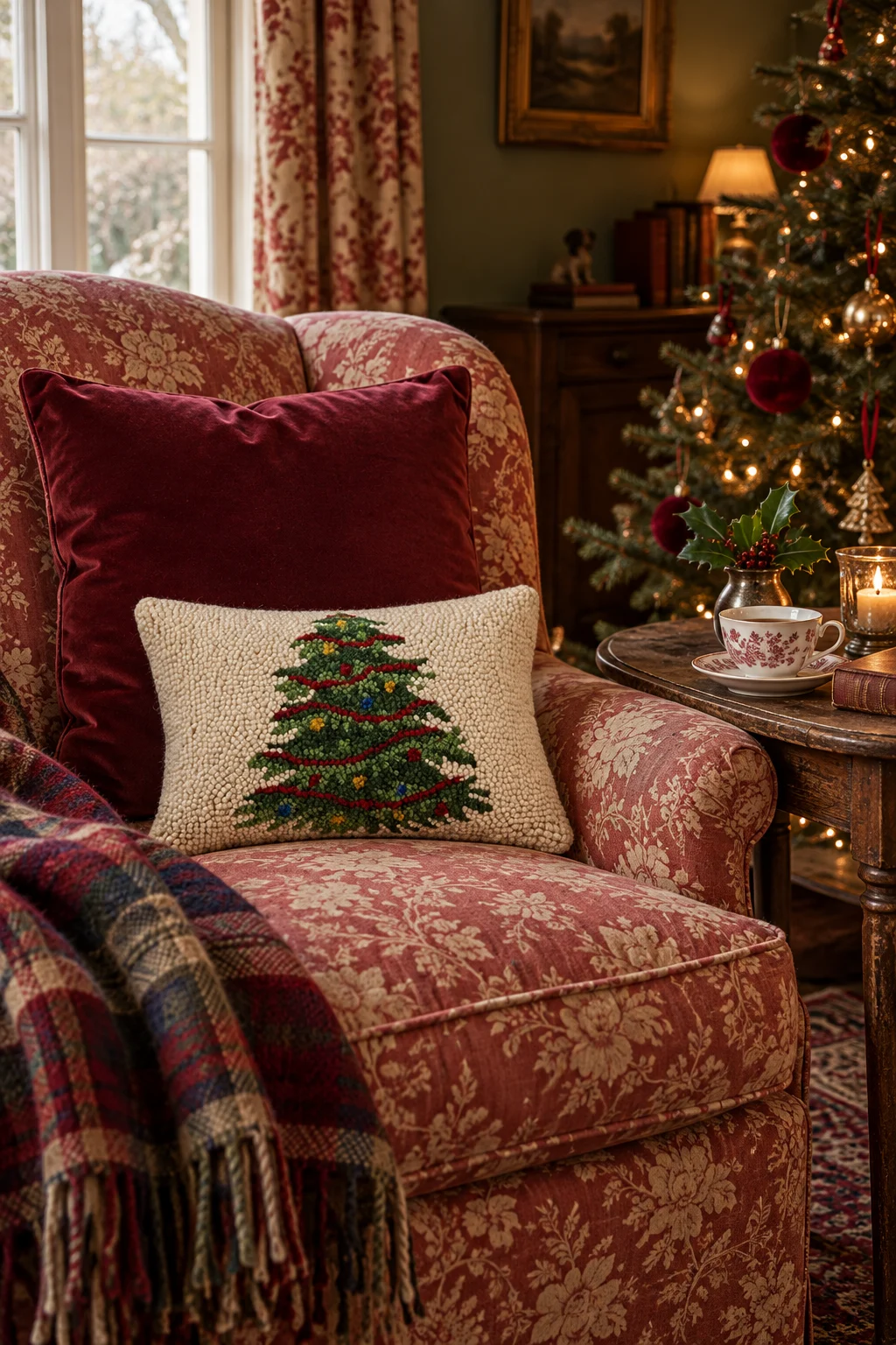 Small ivory hooked Christmas-tree cushion with red garland and colourful ornaments layered against burgundy velvet on a floral English country armchair