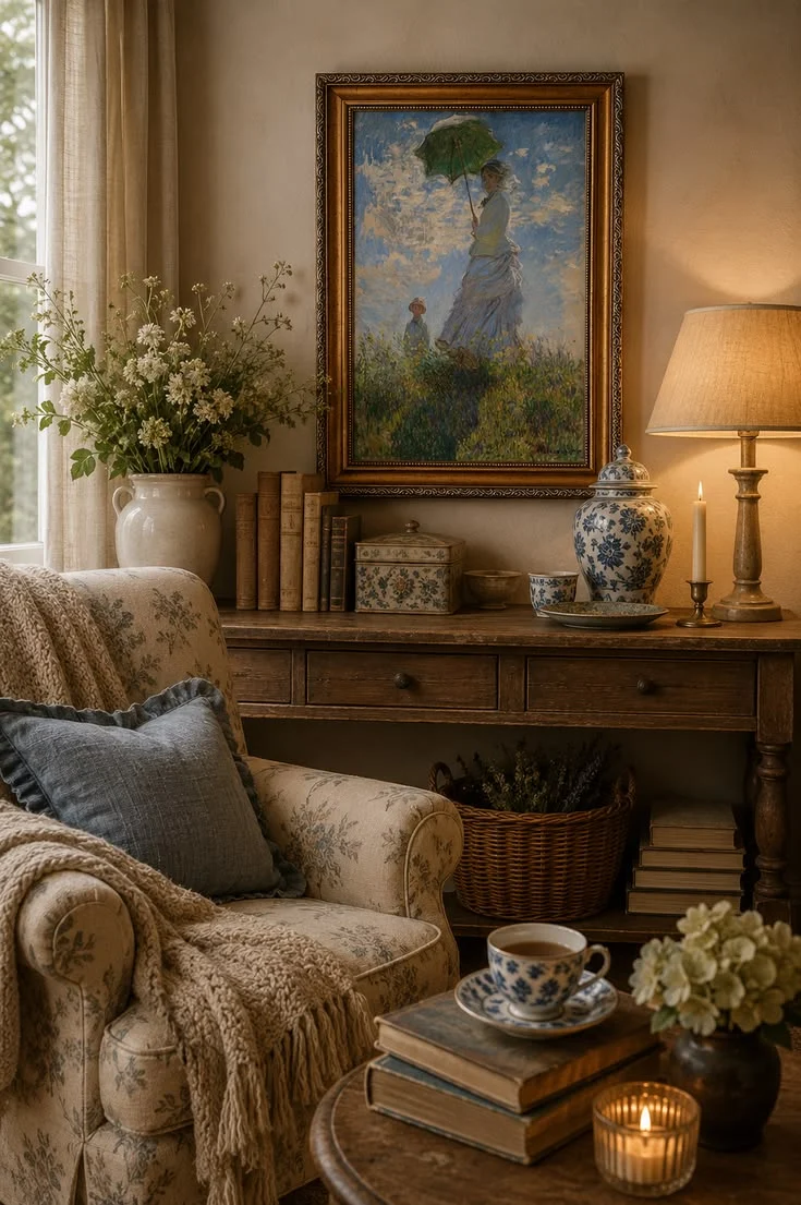 Framed impressionist print of a woman with a green parasol above a wood console with books and porcelain in a traditional sitting room