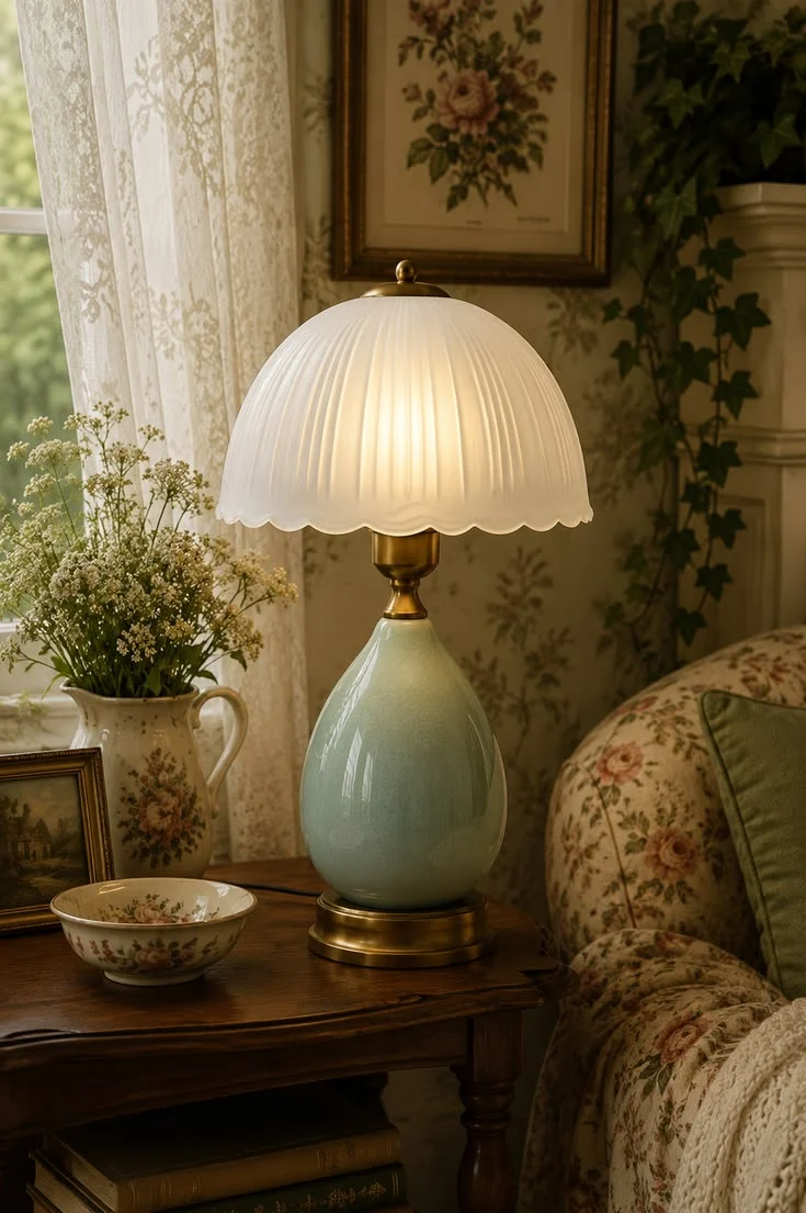 Pale green ceramic table lamp with brass-toned fittings and a scalloped cream shade beside a floral armchair and a cottage window