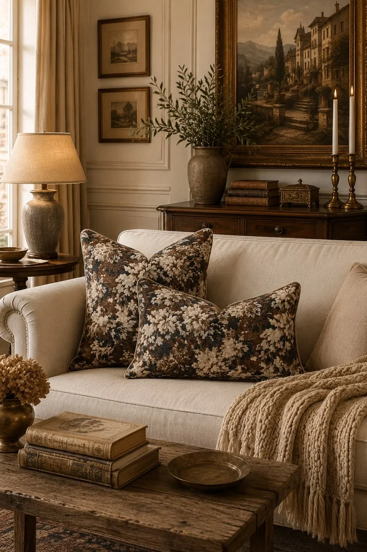 Dark-ground floral cushions with cream blossoms on an ivory sofa beside a knitted throw and a warm wood coffee table