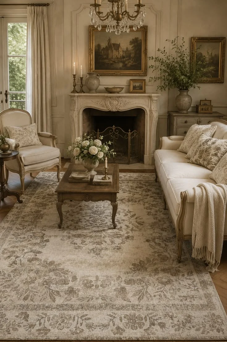 Cream and taupe vintage-inspired patterned rug beneath a wood coffee table between upholstered seating in a traditional sitting room