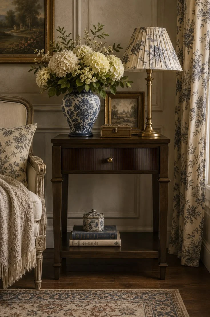 Dark wood end table with a fluted drawer and lower shelf beside a patterned armchair, styled with a brass lamp and blue-and-white vase