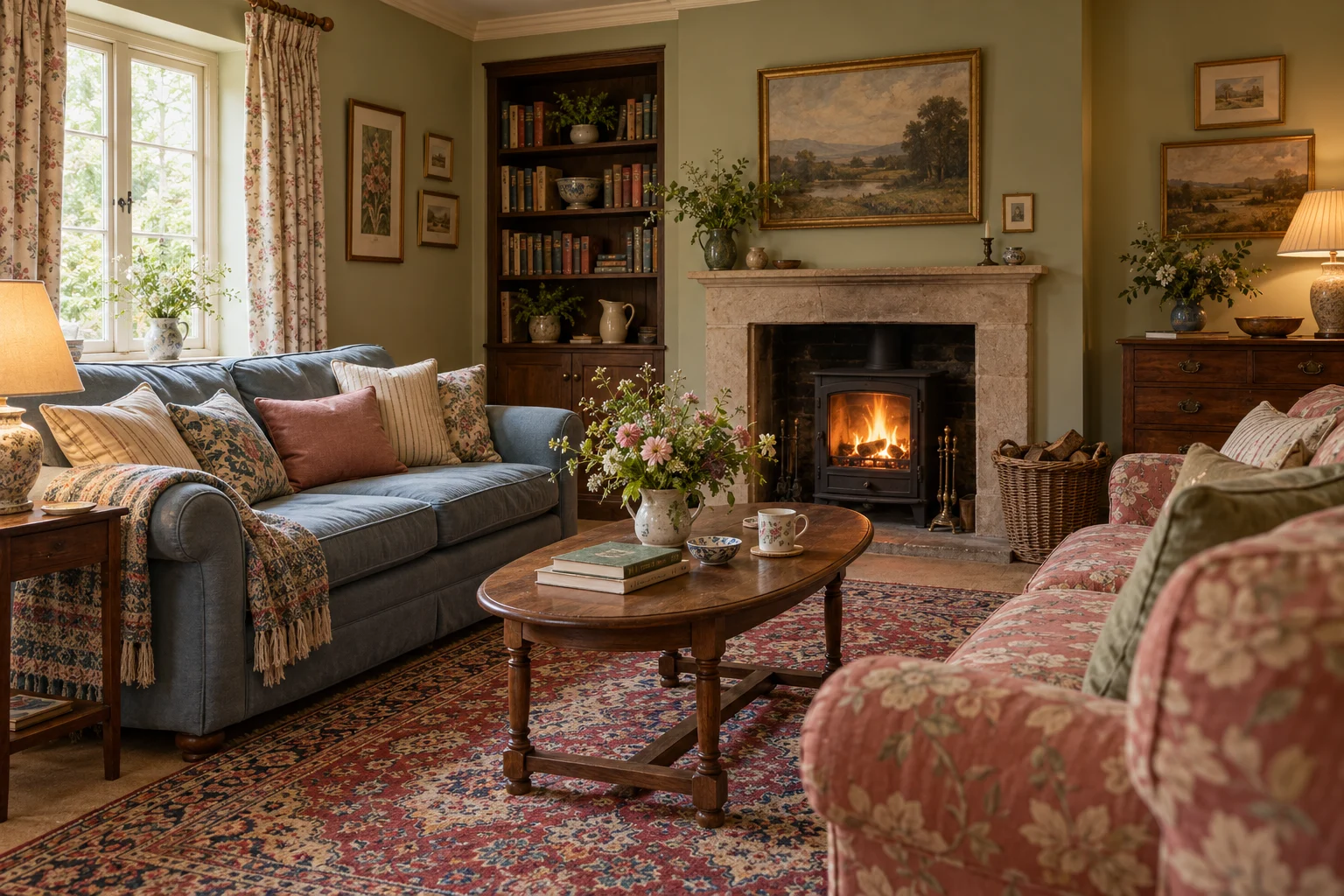 English country sitting room with sage walls, facing blue and rose floral sofas, an oval wood coffee table, a stone fireplace, and a built-in bookcase