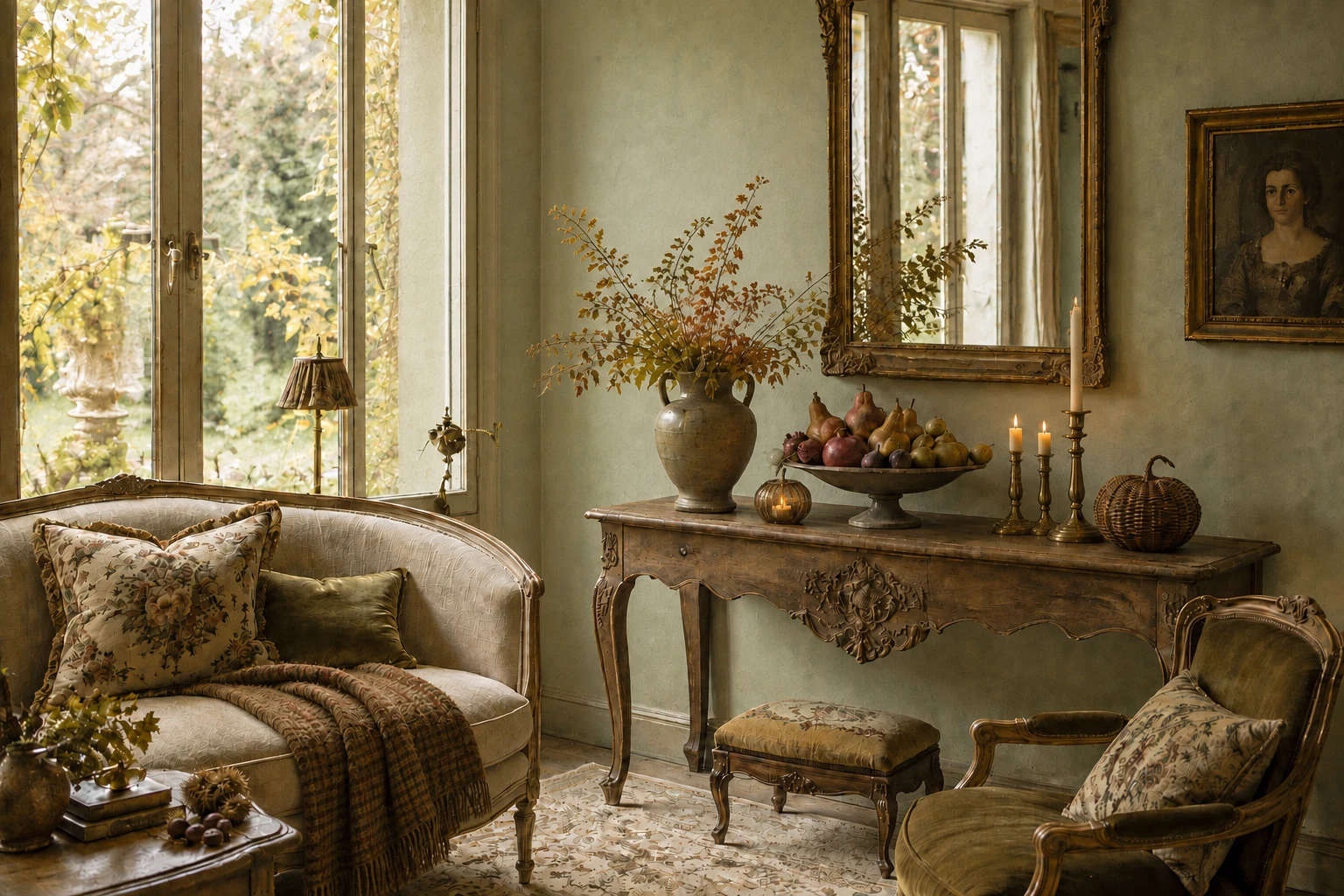 Romantic French country sitting room with sage plaster walls, antique wood console, autumn fruit, woven pumpkin, and candlelight