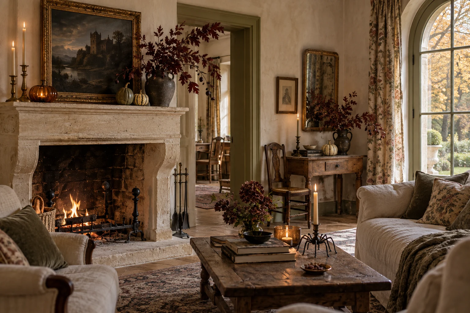 Romantic French country sitting room with a limestone fireplace, smoked amber pumpkin candle, antique castle art, heirloom gourds, and burgundy autumn branches