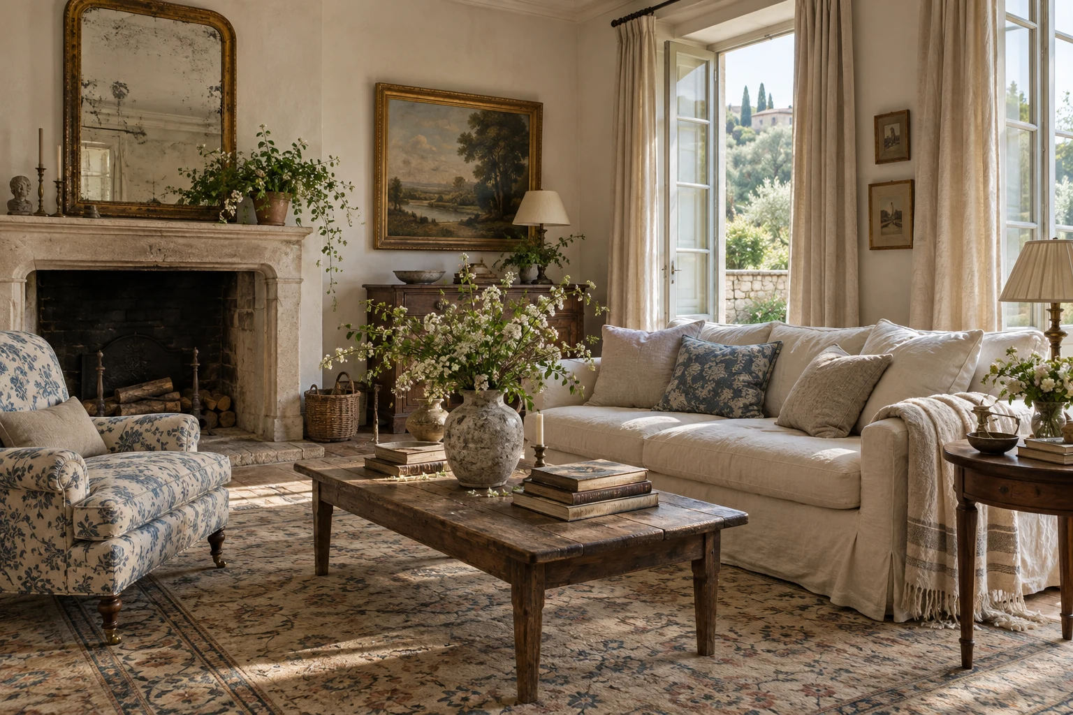 Light-filled collected European sitting room with an ivory linen sofa, blue botanical armchair, antique fireplace, walnut table, faded rug, linen curtains, and garden branches