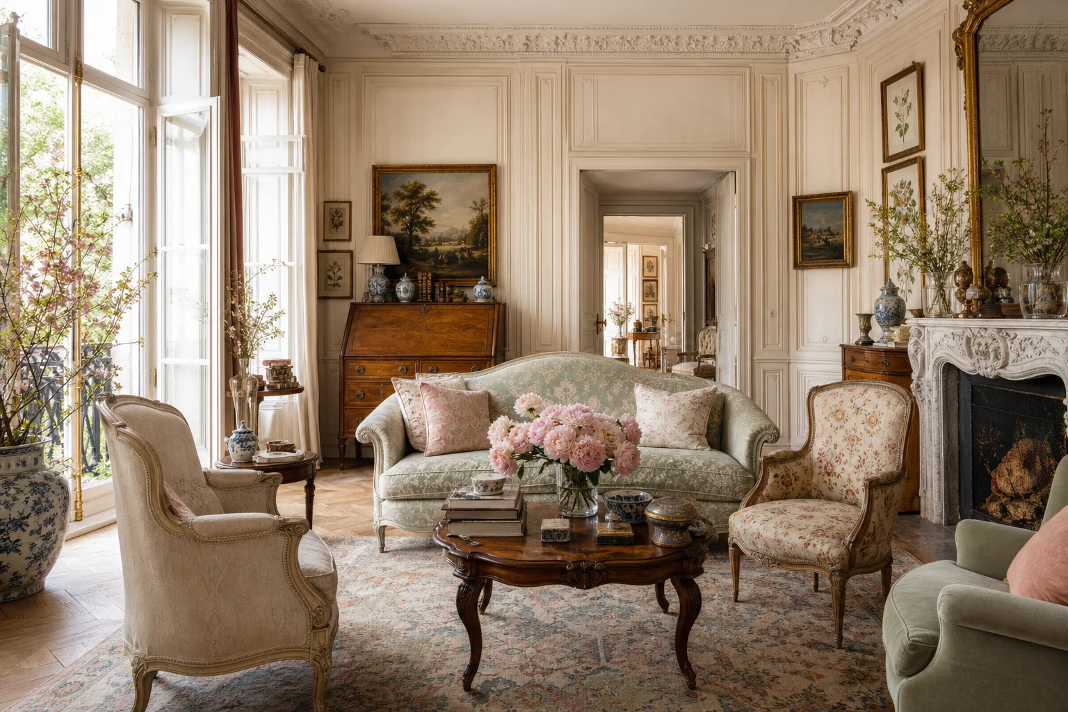 Light-filled collected European drawing room with paneled walls, antique seating, carved mantel, pastoral paintings, and peonies