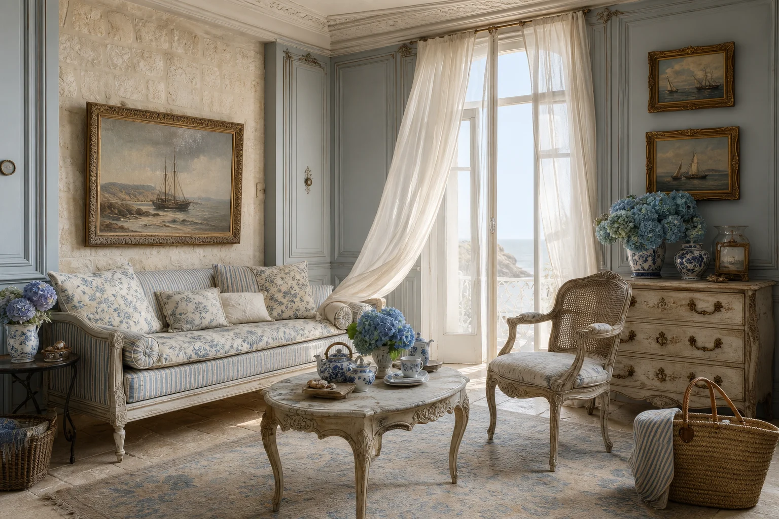 Traditional French coastal sitting room with blue-gray paneling, toile daybed, antique cane chair, hydrangeas, and a sea view