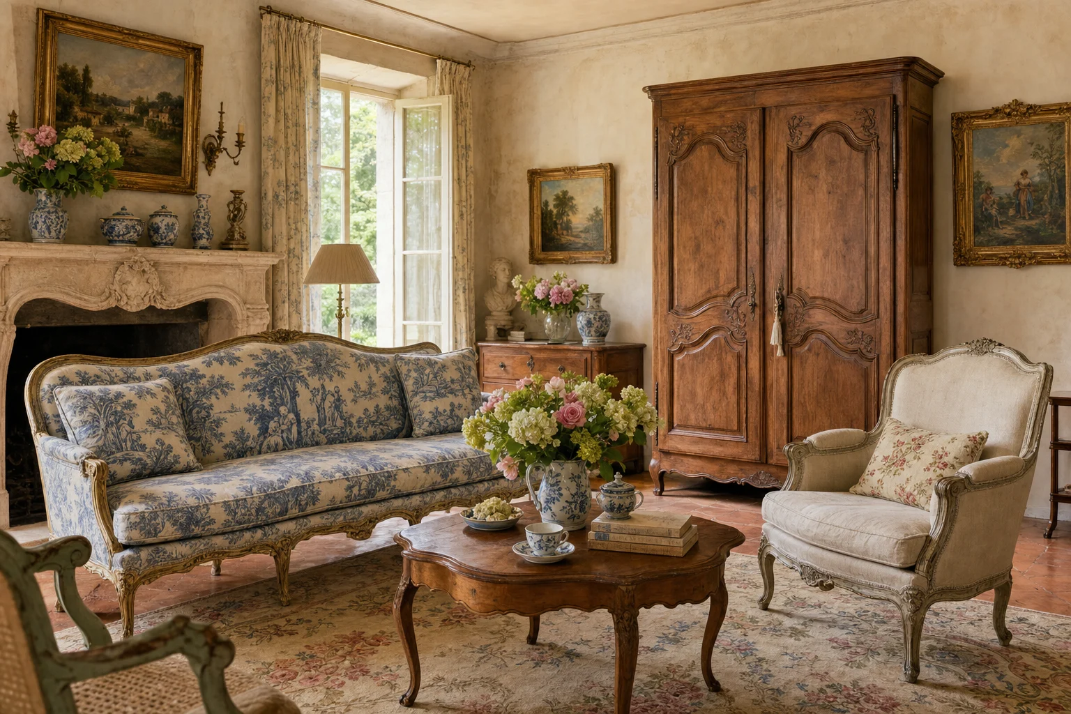 Traditional French country salon with a toile settee, carved limestone fireplace, walnut armoire, blue-and-white faience, and garden roses
