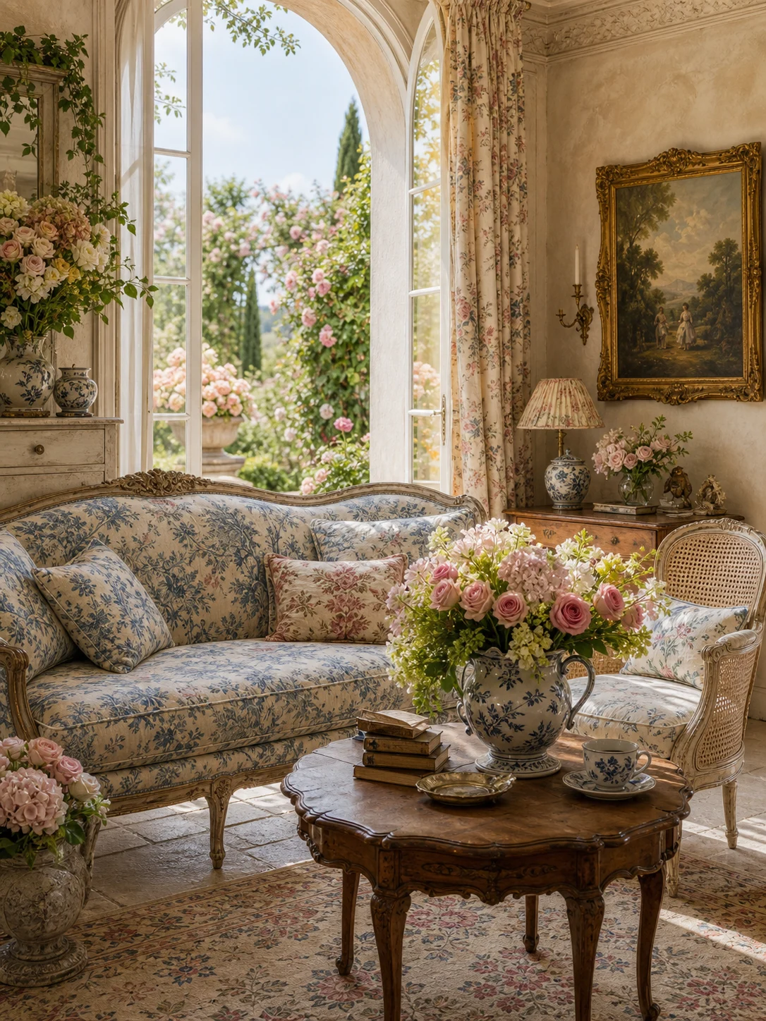 Light-filled romantic French country living room with a blue toile sofa, carved wood table, floral curtains, and garden roses
