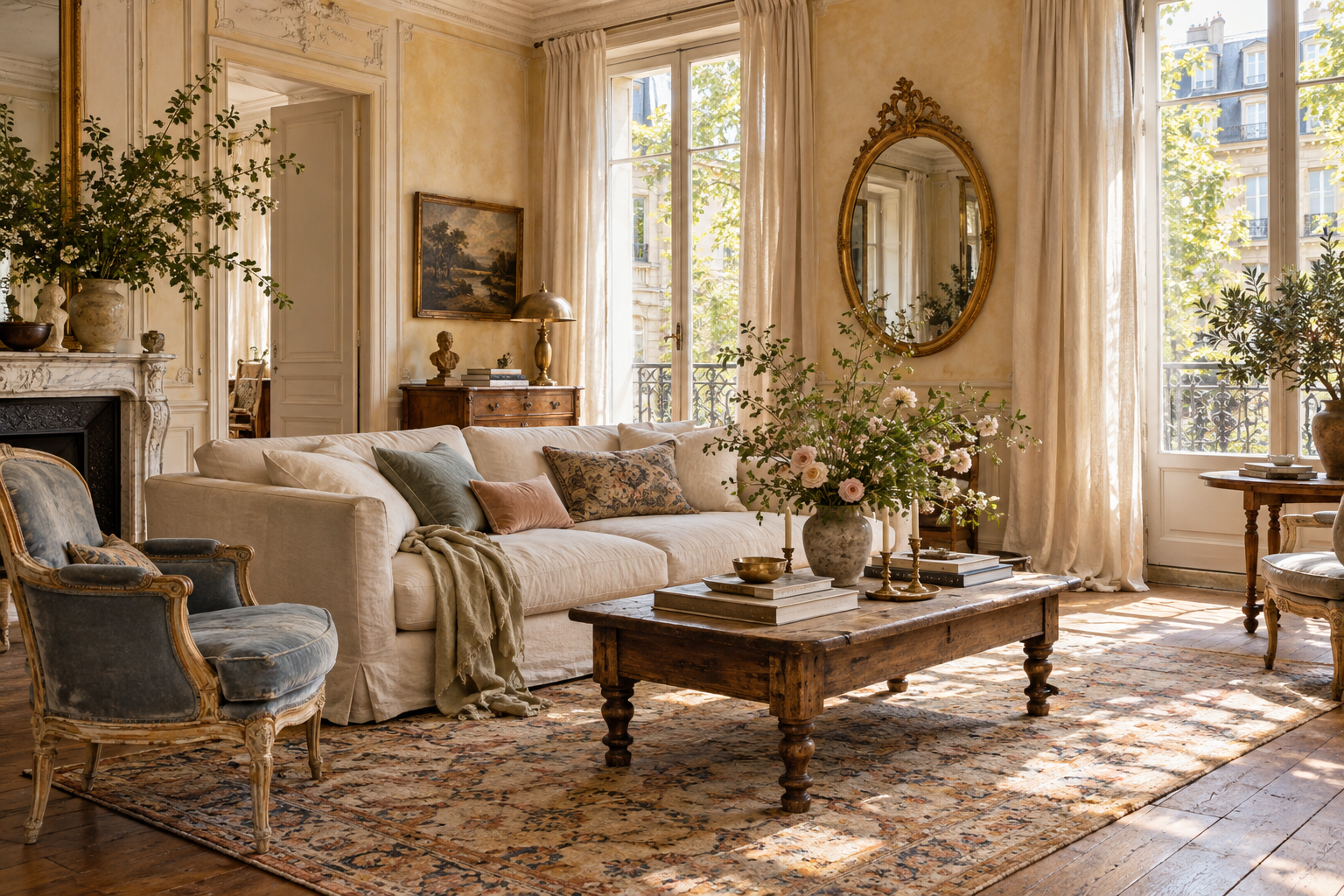 Romantic European sitting room with an ivory linen sofa, patinated walnut table, antique gilt mirror, faded blue chair, old plaster walls, and warm daylight