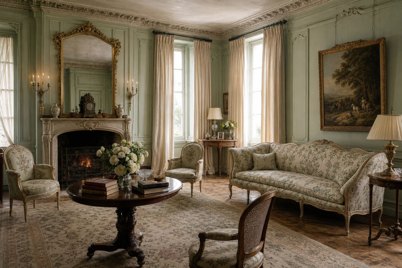 Traditional European quiet-luxury drawing room with celadon paneling, floral settee, gilt mirror, mahogany table, and white roses