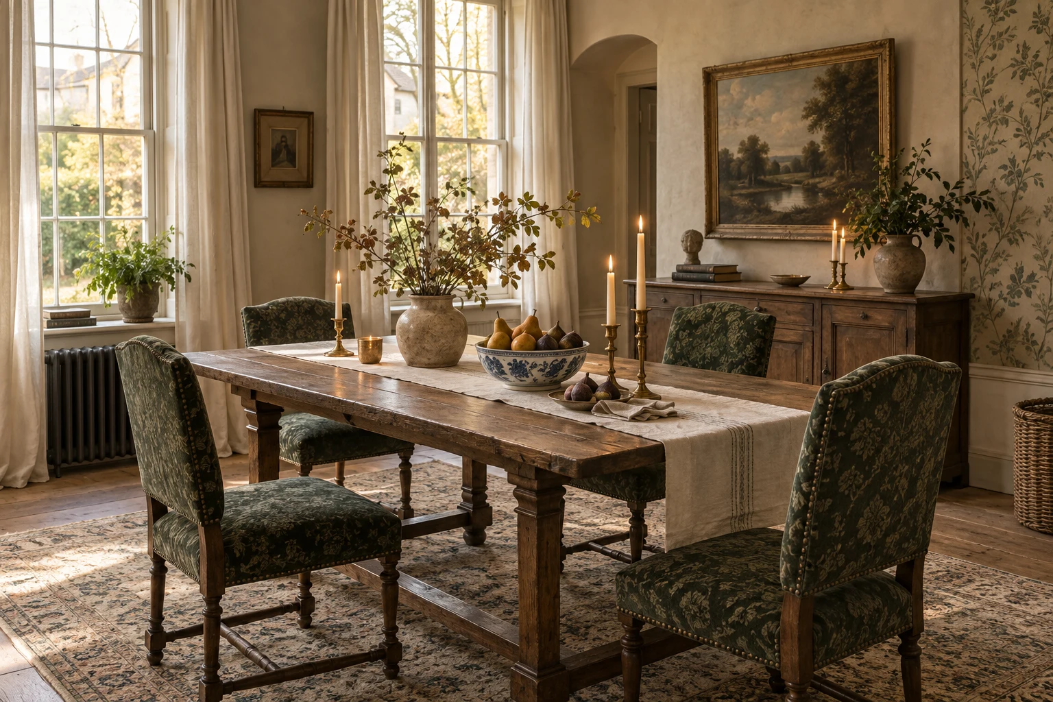 Romantic European dining room with a timeworn wood table, green jacquard dining chairs, linen runner, blue-and-white fruit bowl, brass candlesticks, and afternoon light