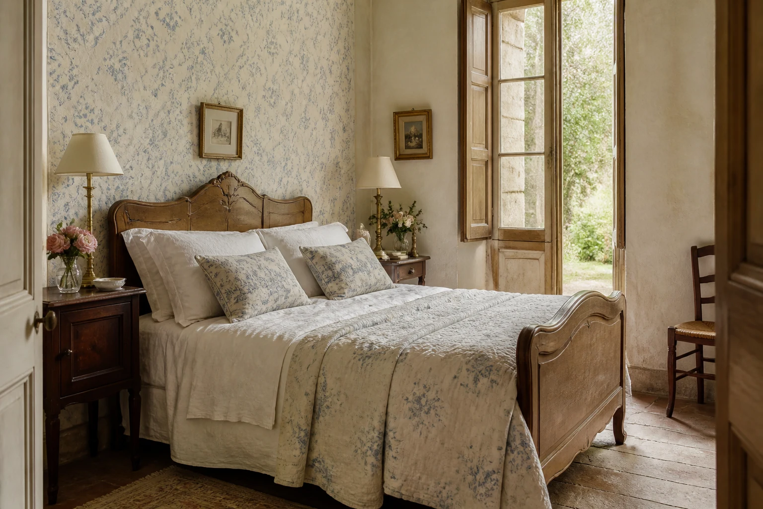 Light-filled romantic French Country bedroom with a carved wood bed, faded blue floral bedding, warm walnut nightstands, and garden roses
