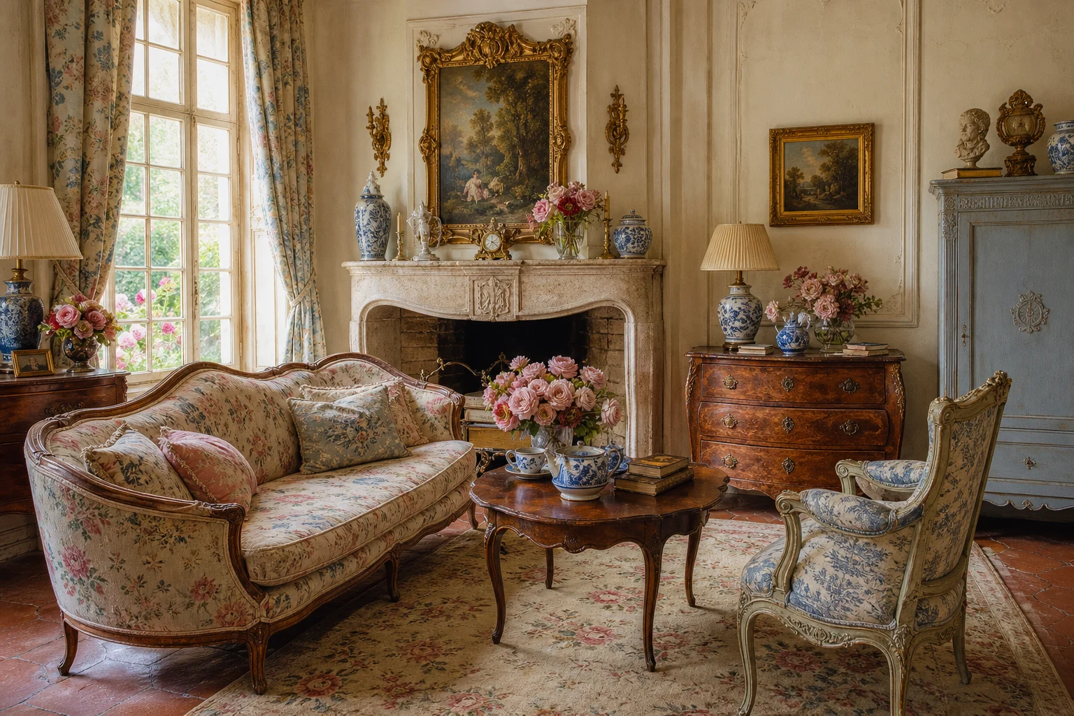 Romantic French country salon with a floral settee, carved fireplace, walnut commode, blue-and-white faience, and a Gustavian painted cabinet