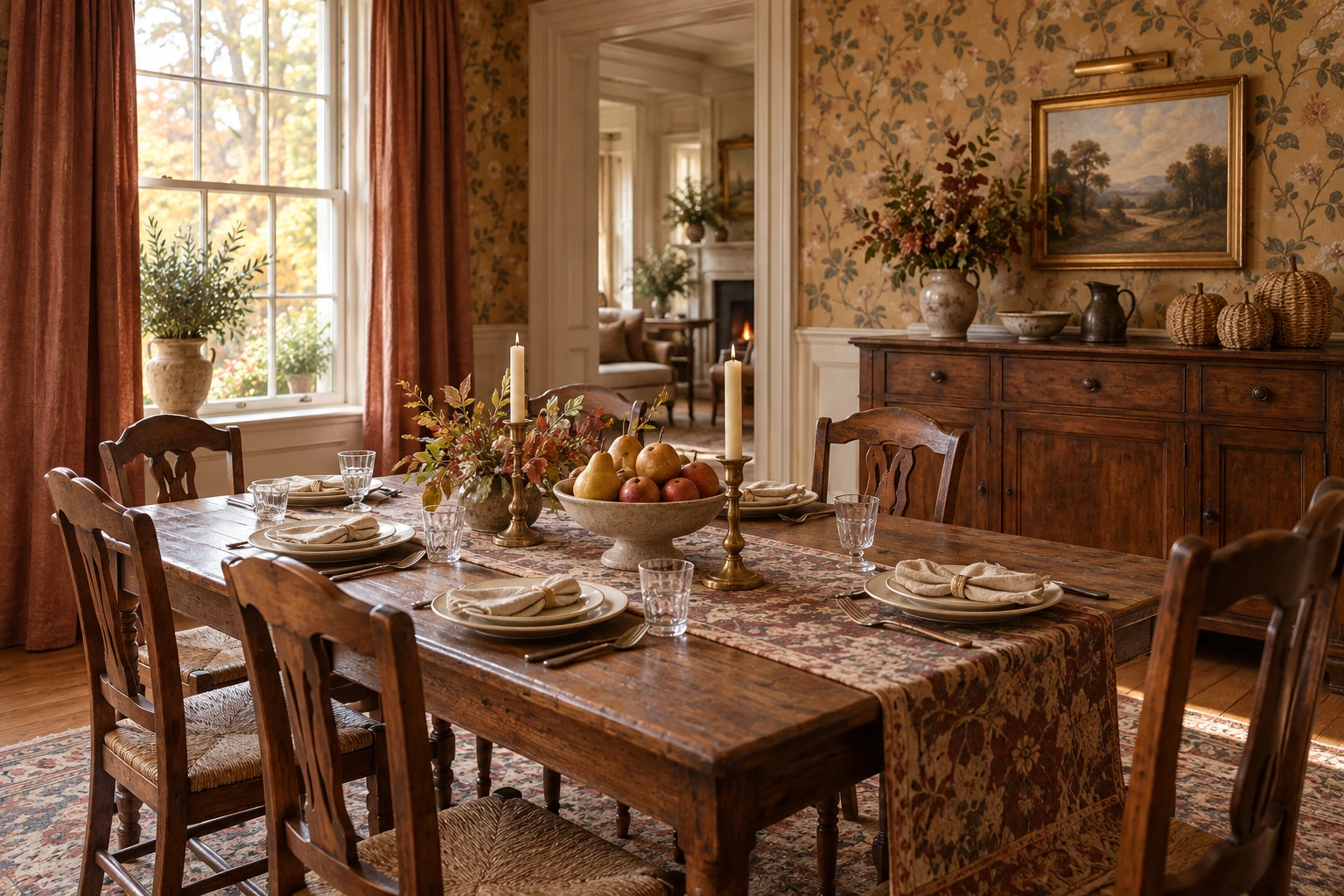 Romantic European Thanksgiving dining room with botanical wallpaper, a walnut table, floral runner, ivory place settings, a bowl of pears and apples, brass candlesticks, and woven pumpkins