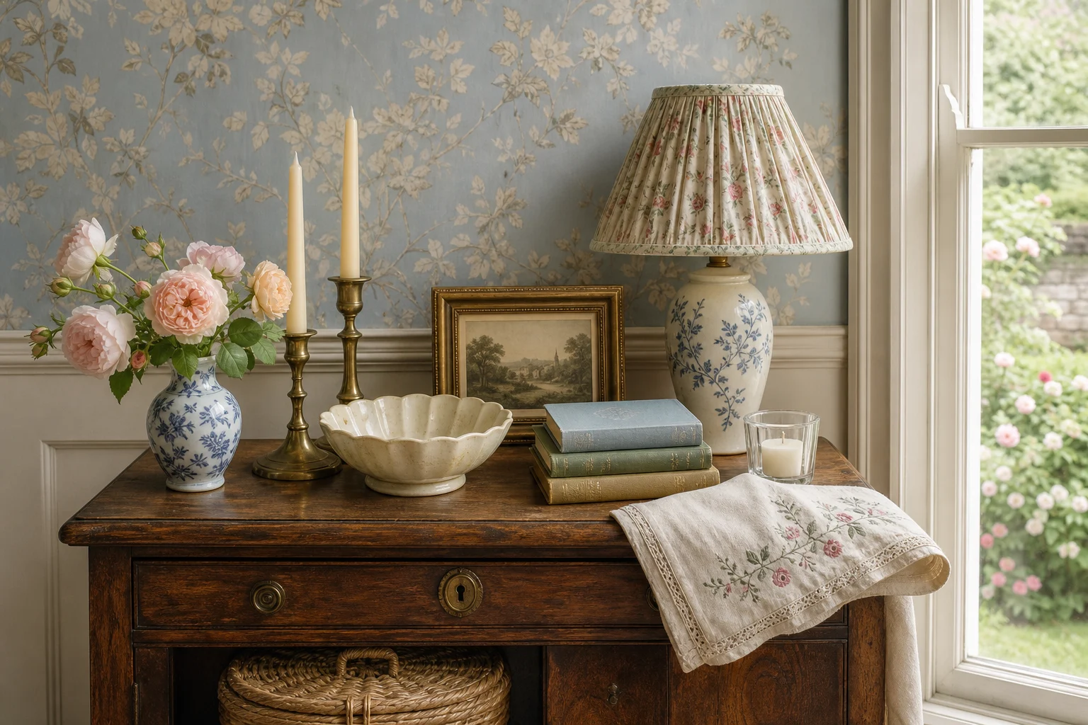 Romantic European-style decor vignette with blue-and-white ceramics, a floral lampshade, brass candlesticks, books, and embroidered linen