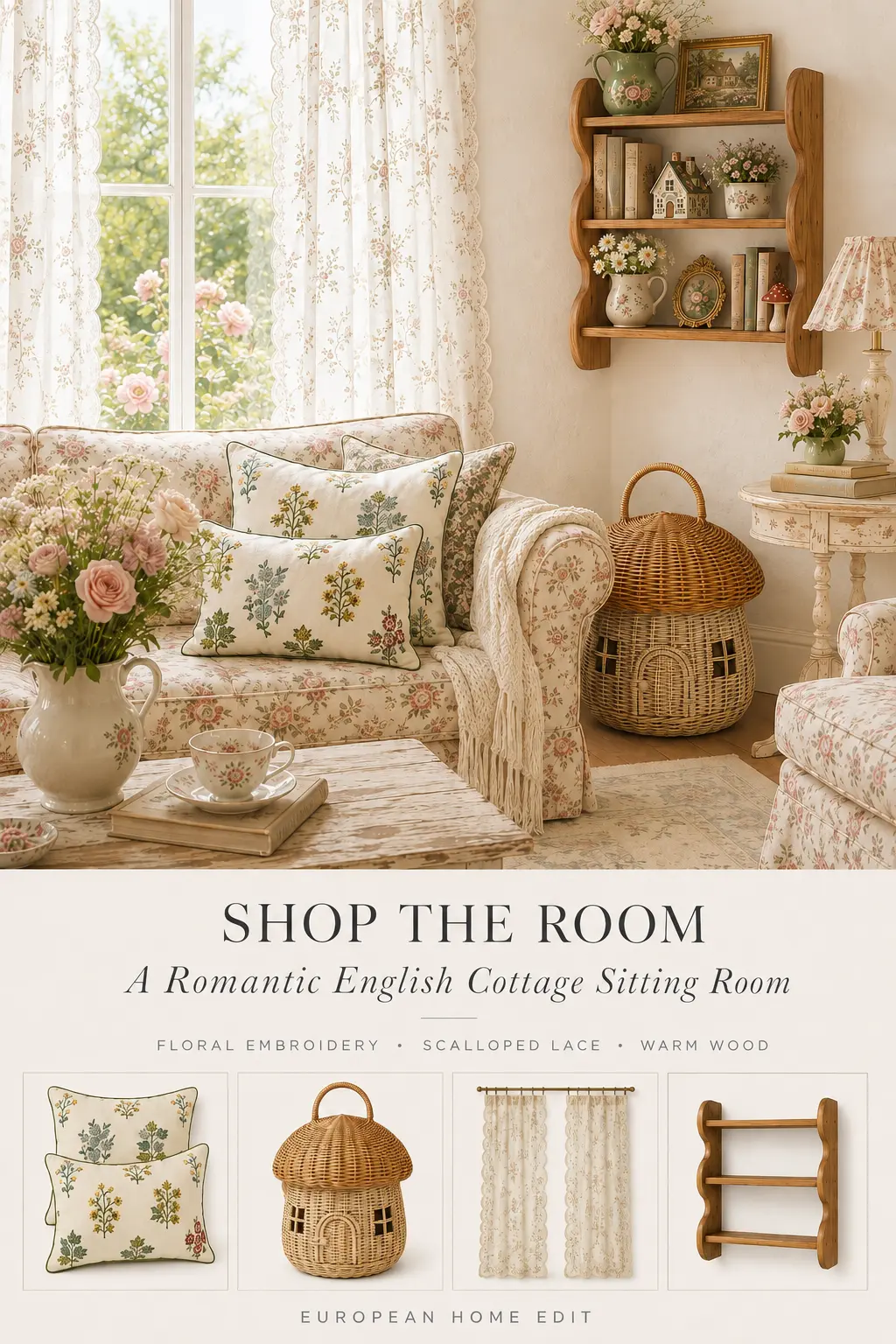 Shop the Room graphic for a light romantic English cottage sitting room with embroidered pillows, mushroom basket, scalloped lace curtains, and curved wood shelf