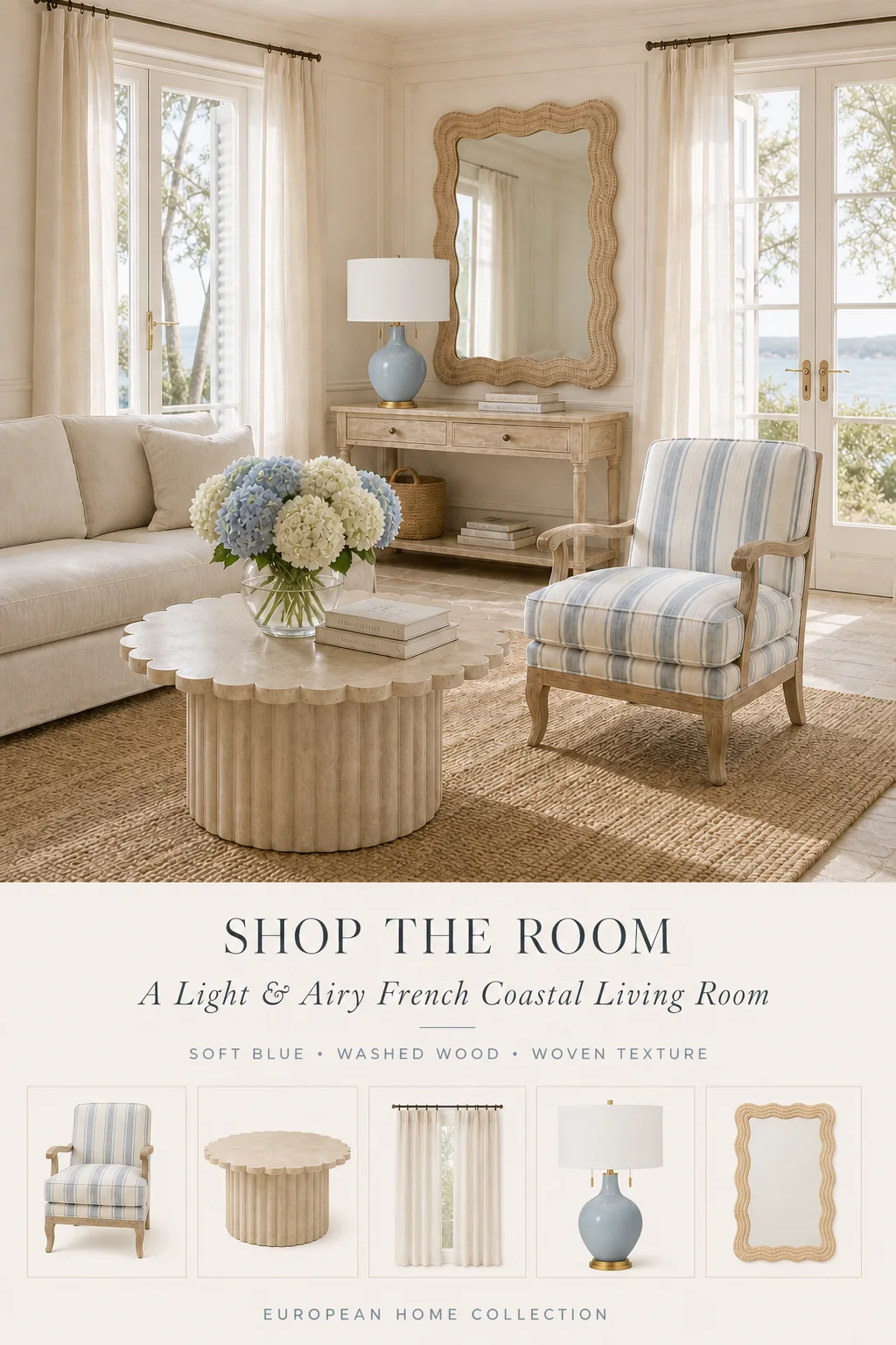 Light French coastal living room with a faded blue striped chair, scalloped coffee table, linen curtains, powder-blue lamp, and rattan mirror