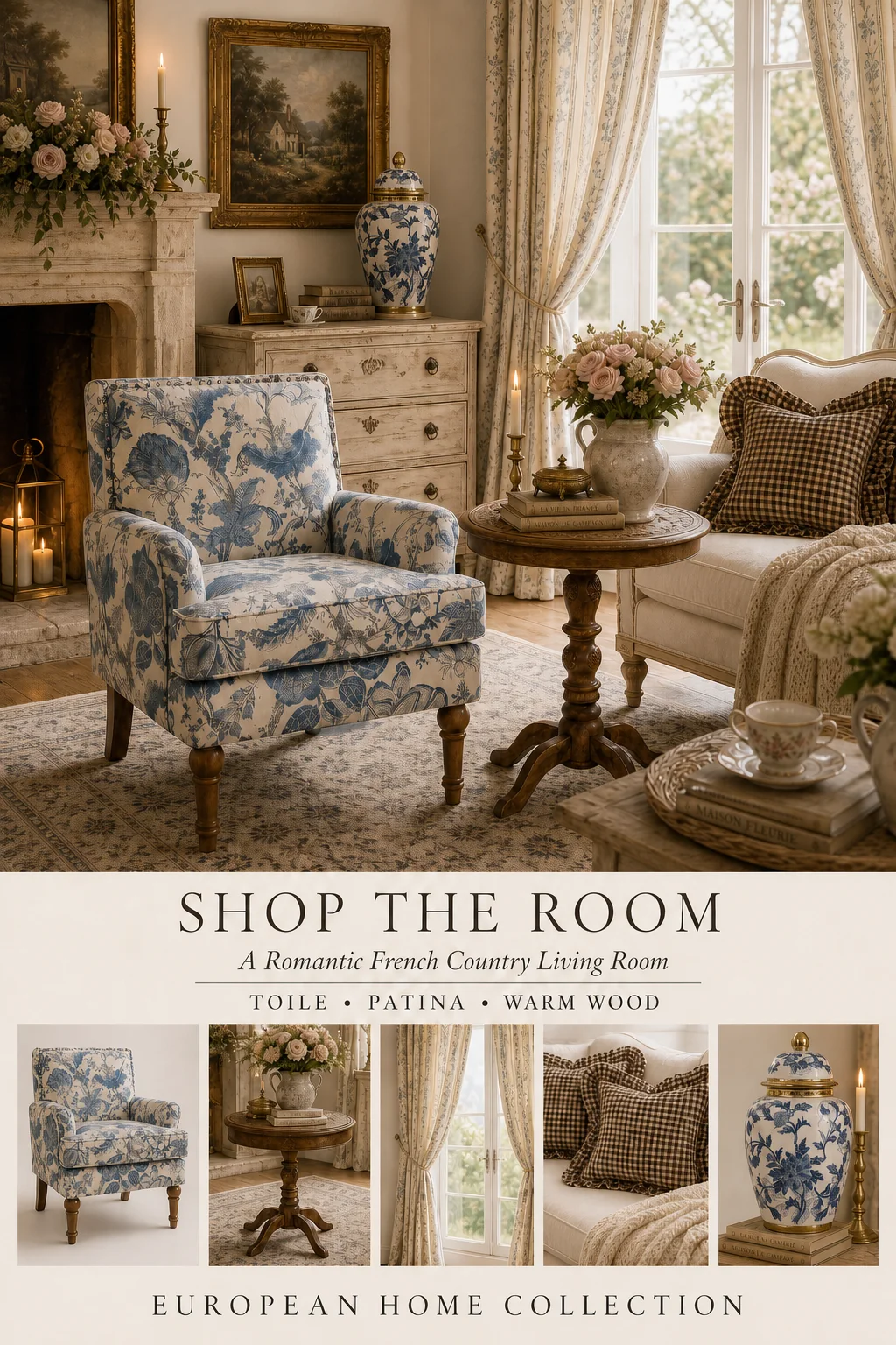 Romantic French country living room with a blue floral chair, warm wood table, floral curtains, gingham pillows, and a blue-and-white ginger jar