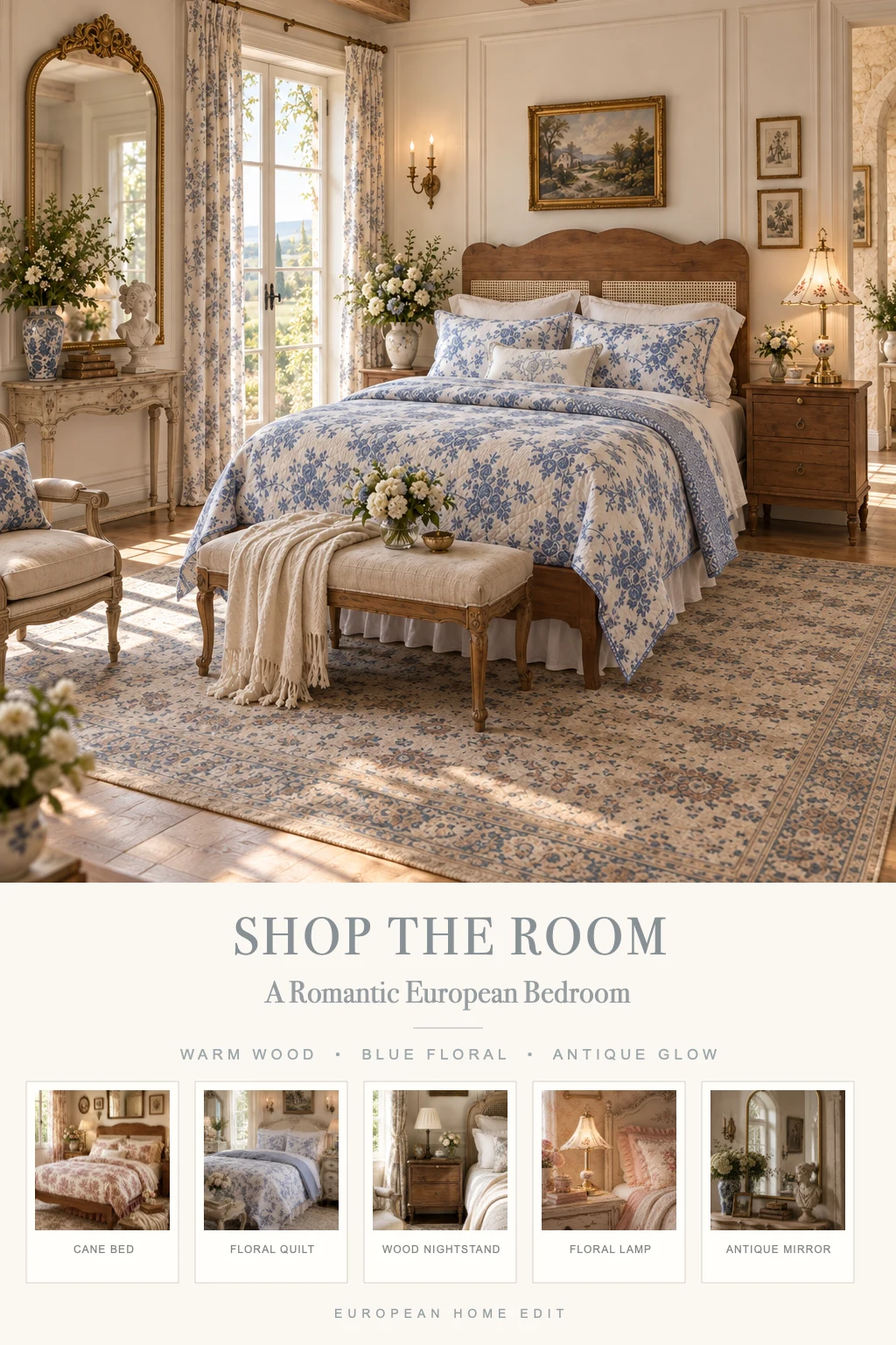 Romantic European bedroom with a warm wood cane bed, blue floral quilt, traditional wood nightstand, floral lamp, and antique gold mirror